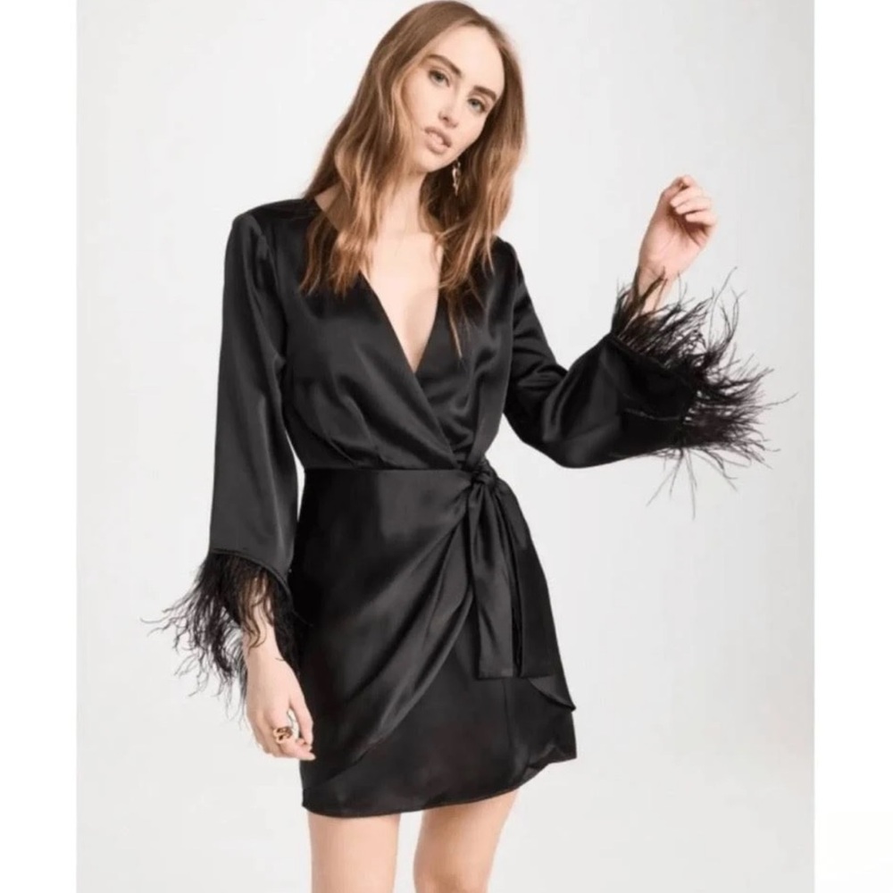 WAYF Black Feather Trim Faux Wrap
Mini Dress (NWT)